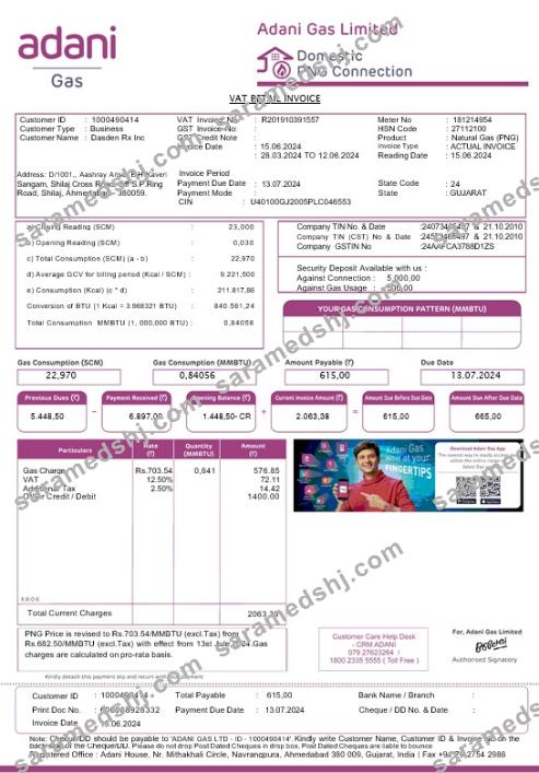 India Adani business utility bill template in Word and PDF formats